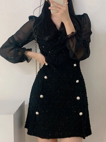 斯文珍珠扣花絮連身裙