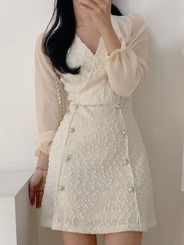 斯文珍珠扣花絮連身裙