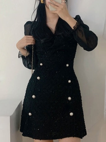 斯文珍珠扣花絮連身裙