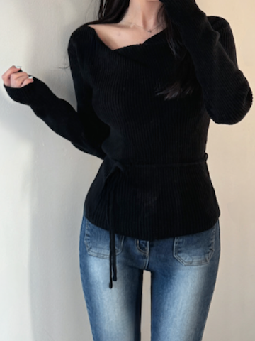 不規則肩腰帶針織衫