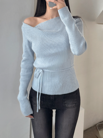 不規則肩腰帶針織衫