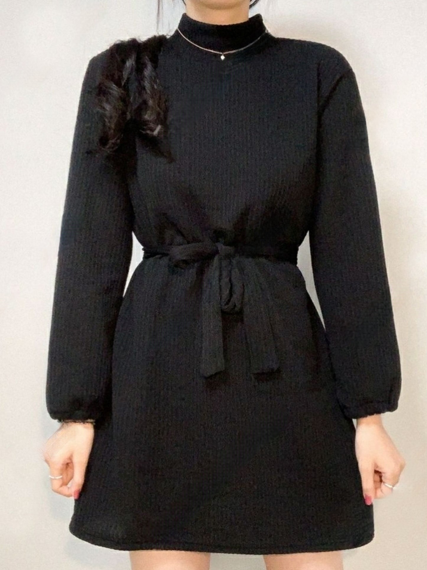 直紋小中領腰帶連身裙